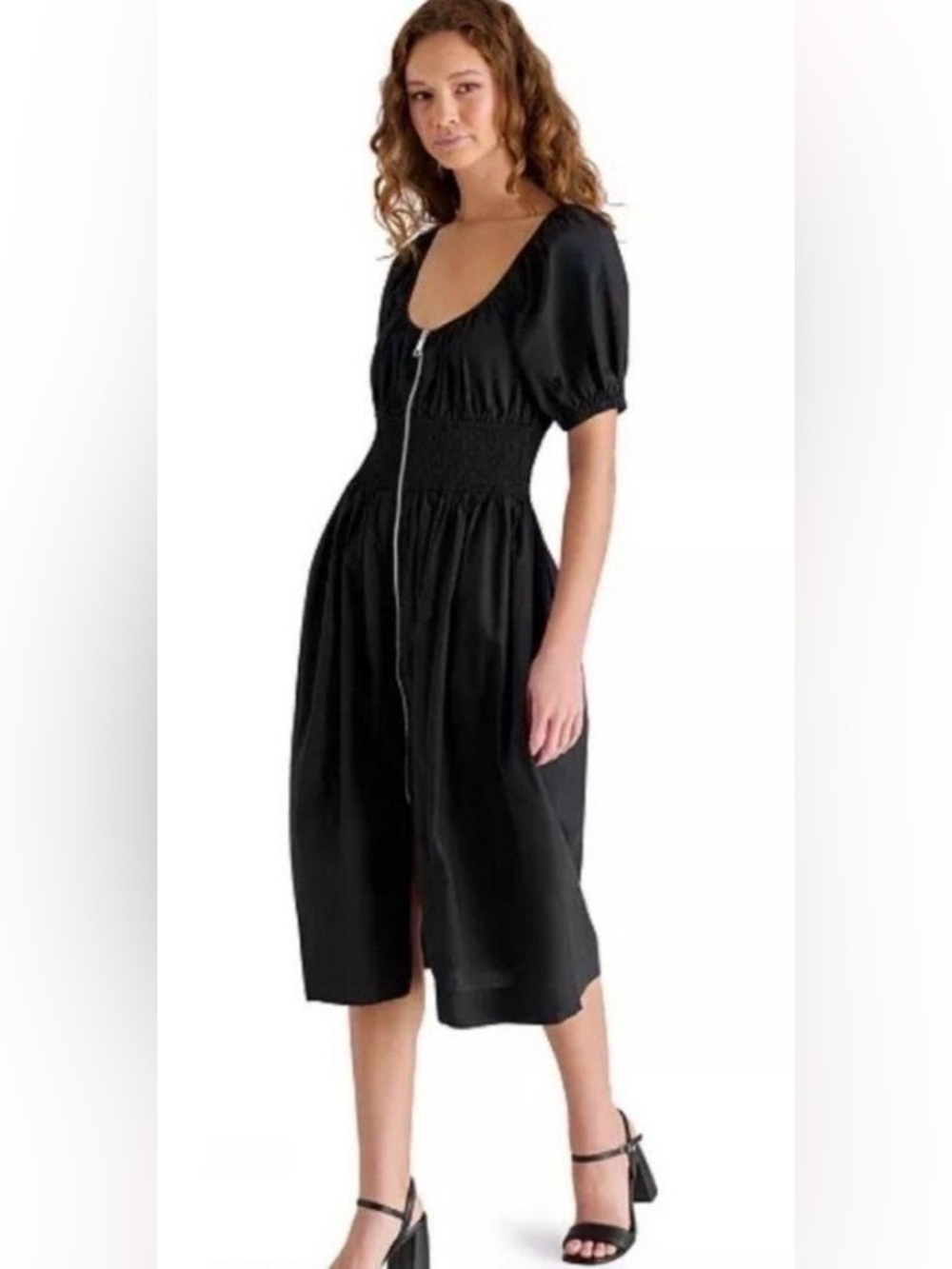 NWT Steve Madden Black Midi Dress Small Zip Front Smocked Waist Puff Sleeve